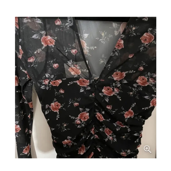 Zara Ruched Tulle Rose Pattern Dress with Mesh Long Sleeves - Picture 13 of 14